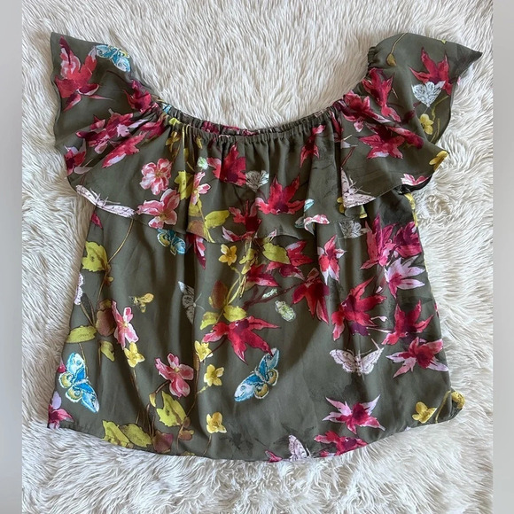 Anthropologie Maeve Vallita Off-The-Shoulder Floral Butterfly Ruffled Blouse XS - Picture 8 of 11